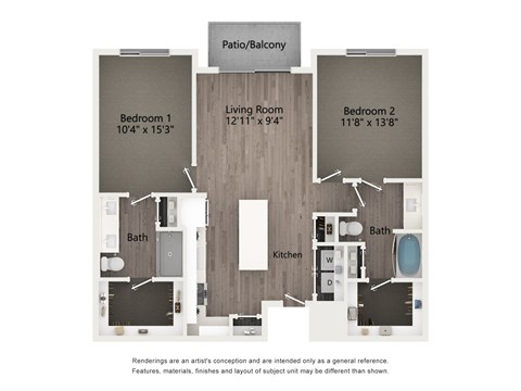 Floor plan for 2 beds, 2 baths, 1128 sqft